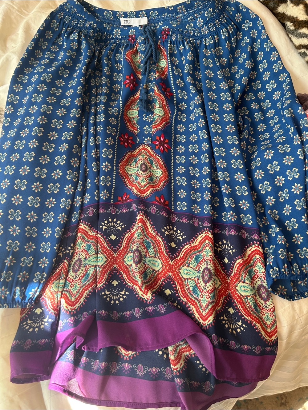 DR2 Blue Floral High-Low blouse with Purple Border